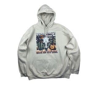 Mens 3XL Tan Western Theme Hoodie Living in a New World With an Old Soul Graphic